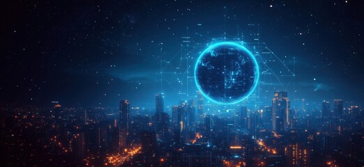 Poster - Futuristic city skyline with glowing digital sphere and starry night sky
