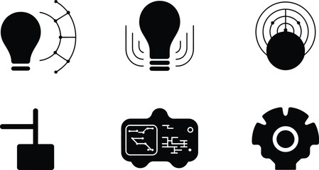 Poster - A collection of six different black and white icons representing various technological concepts shown clearly
