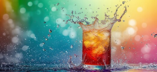 Poster - Splashing cocktail in glass with colorful bokeh background and water droplets