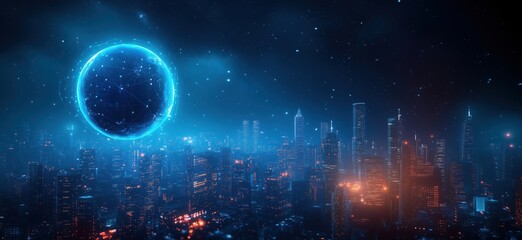 Poster - Futuristic city skyline illuminated by glowing digital moon and network connections
