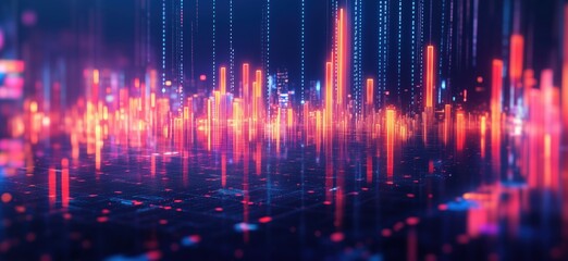 Poster - Abstract digital data visualization with glowing bars and lines in vibrant colors