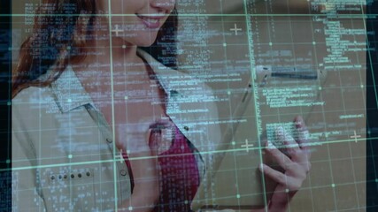 Poster - Woman tapping tablet screen and revealing augmented reality data overlay for tech interface review