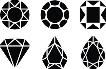 Poster - A collection of six black and white diamond gemstone icons with different shapes and facet patterns