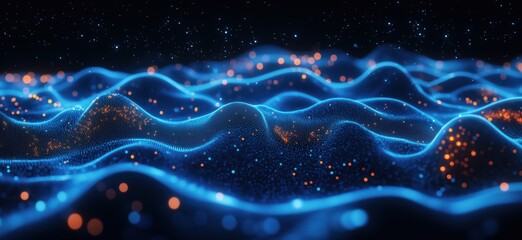 Poster - Abstract digital landscape with glowing blue waves and sparkling particles in dark background