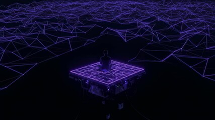 Poster - Man meditating in virtual reality. Digital cyber space with purple grid. Future technology and spiritual inner journey concept video.