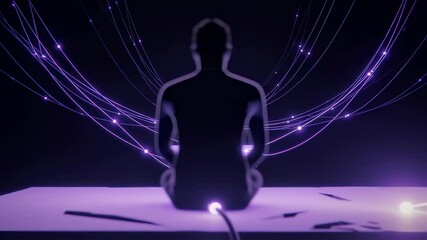 Poster - Man figure connected by glowing purple lines in a digital world. Data flow and network concept for virtual reality.