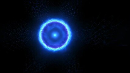 Poster - Abstract blue neon light energy core animation background. Digital plexus neuron cell structure with radiating lines, technology and science concept footage.
