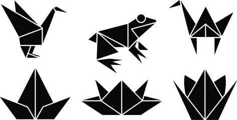 Poster - A collection of black and white origami figures including cranes, a frog, and lotus flowers arranged nicely