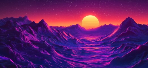 Poster - vibrant surreal landscape with purple mountains and glowing sunset