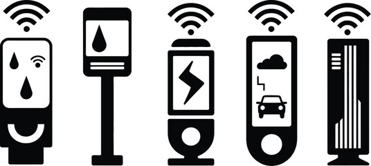 Poster - Five black and white icons depicting various smart devices with wifi symbols on a white background
