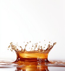 Poster - Splash of brown liquid creating crown shape with droplets on white background