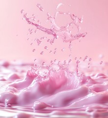 Poster - Pink water splash creating dynamic droplets in soft pastel background