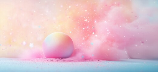 Poster - Colorful pastel sphere surrounded by pink and blue powder with dreamy background