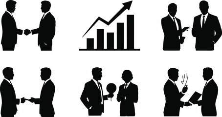 Poster - A collection of business related illustrations featuring handshakes discussions and a rising bar graph