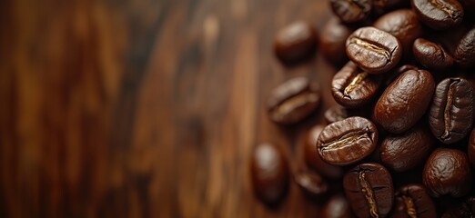 Poster - Freshly roasted coffee beans on wooden surface for brewing and tasting
