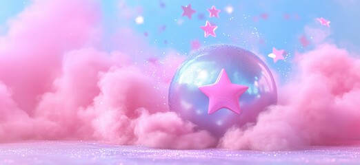 Poster - Colorful star-shaped ornament surrounded by pink clouds and sparkling background