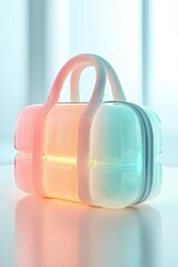 Poster - Stylish Futuristic Bag with Handles Showing Advanced Fashion on White Surface with Blurry Background.