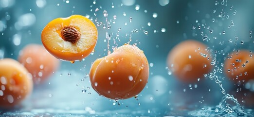 Poster - Fresh apricots splashing in water with droplets creating a refreshing scene