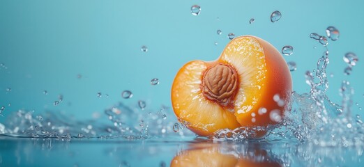 Poster - Fresh peach splashing in water with droplets against blue background