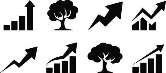 Poster - A collection of black and white icons featuring trees and upward trending bar graphs with arrows pointing up