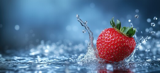 Poster - Fresh strawberry splashing in water creating dynamic droplets and ripples