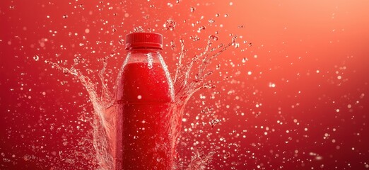 Poster - Red plastic bottle splashing water on vibrant red background with droplets