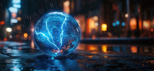  - Glowing blue orb with lightning effects in rainy urban environment at night