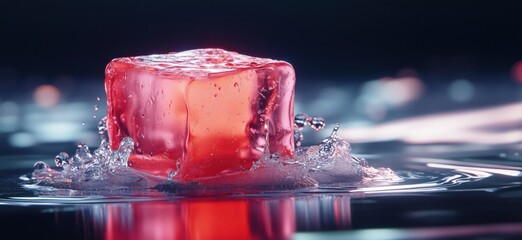 Poster - Vibrant pink ice cube splashing in water with dynamic reflections and ripples