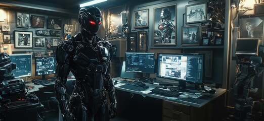 Poster - Futuristic humanoid robot in high-tech workspace surrounded by digital screens and artwork