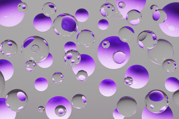 Poster - Levitated spheres abstract background. Elegant 3D abstract pattern of flying glossy transparent glass and violet bubbles on grey. 3D rendering  for creative projects, tech visuals, or innovative.