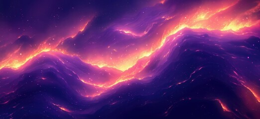 Poster - Vibrant cosmic waves with fiery orange and purple hues in a surreal space landscape