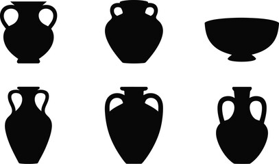 Poster - A collection of six black silhouette illustrations of ancient pottery and vessels on a white background