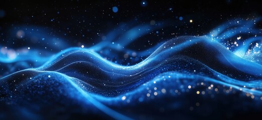 Poster - Abstract blue waves with sparkling particles creating a mesmerizing digital landscape