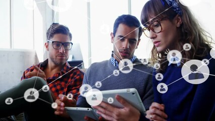 Poster - Three colleagues sitting in office, woman swiping tablet and revealing user network for business