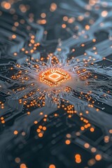 Poster - Glowing computer chip on dark surface with blurred lights. Digital network concept. Central processor connects data lines. Orange and blue tone.