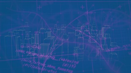 Poster - Glowing wireframe city model appearing, panning towers, data streams tracing high-tech simulation