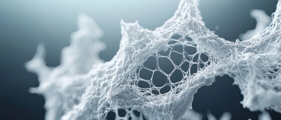 Poster - White porous material connects against soft dark background. Abstract web shows intricate patterns and texture. Close up details reveal complex interconnected design.