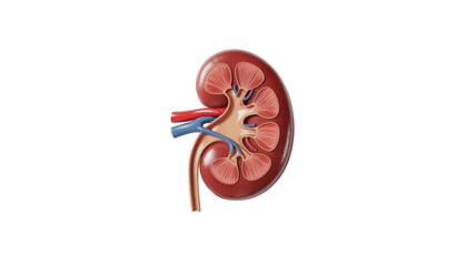 Poster - realistic 3d rendering of a human kidney showing renal artery, renal vein and ureter, isolated on tr