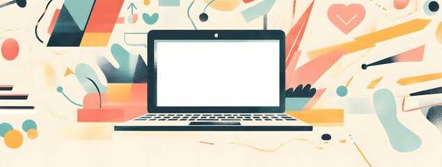 Poster - Colorful illustration of a laptop with a white screen, surrounded by digital marketing icons and colorful arrows on a light background.