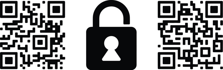 Poster - Two qr codes flanking a central black padlock on a white background security and encryption concept