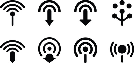 Poster - A set of eight black and white icons representing wireless signal, download, and a branching structure