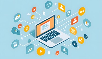 Poster - Laptop with colorful icons and symbols representing digital marketing, on a white background, in a vector illustration style. The laptop is centered in the middle of an abstract geometric 