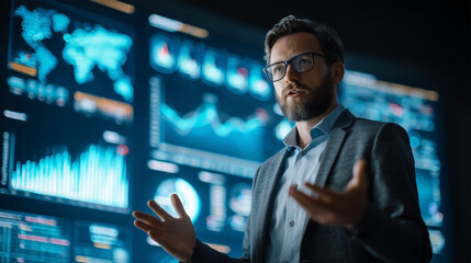 Poster - A man in a suit is standing in front of a computer monitor with a lot of graphs