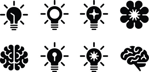 Poster - Collection of black and white icons featuring light bulbs brains and a flower in a simple design style