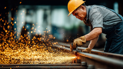 Poster - A skilled welder is at work in a busy workshop, intensively focusing as sparks fly. The welder is carefully processing metal, showcasing expertise and craftsmanship amidst the industrial environment