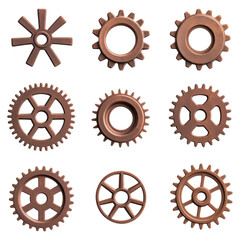 Poster - collection of vintage bronze gears in various shapes and sizes for design, isolated on transparent b