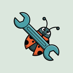 Aufkleber - Adorable cartoon ladybug with a blue wrench symbolizing repair and maintenance concepts for children and educational purposes.