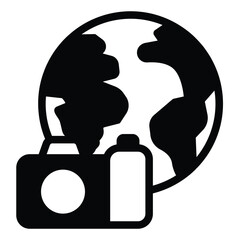 Poster - Planet earth and camera solid icon, eco tourism concept. Vector graphics. World globe with photo camera, traveling sign on white background, style mobile or design.