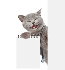 Poster - Smiling cat dressed like a doctor with stethoscope on his neck looks from behind blank white banner and shows blank list. Empty space for text. isolated on white background