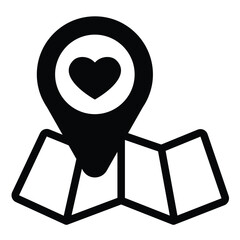 Poster - Map and location pin with heart solid icon, charity concept. Vector graphics. Donation point on paper map sign on white background, style mobile or design.